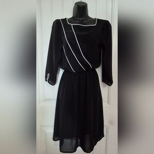 Vintage Black Sheath Dress with Bishop Sleeves and Square Neck
